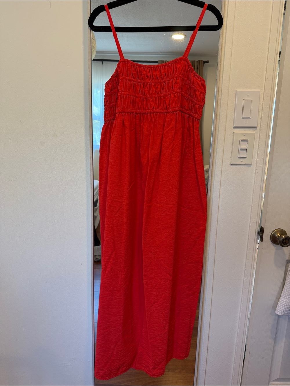 Red Smocked Maxi Dress - Spaghetti Strap